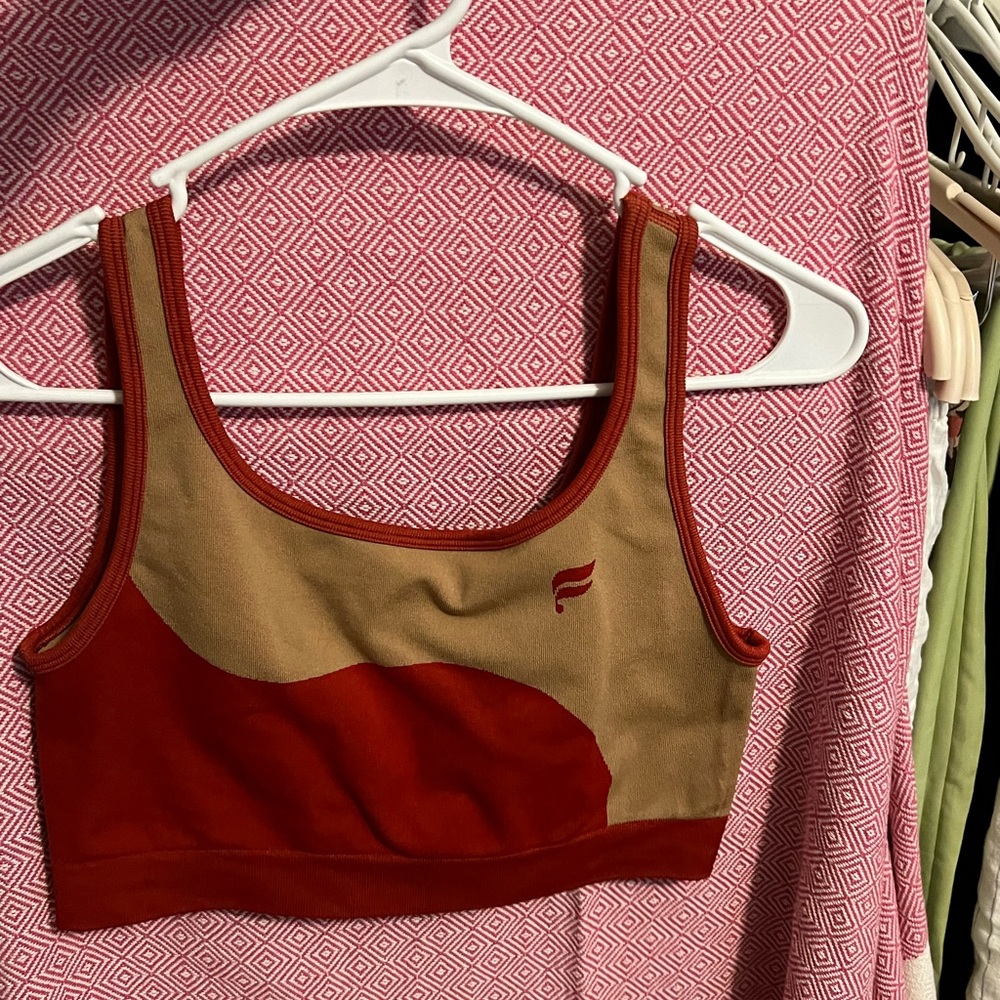 red and tan fabletics sports bra